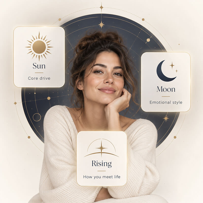 Sun, Moon and Rising shown as different parts of one personal chart
