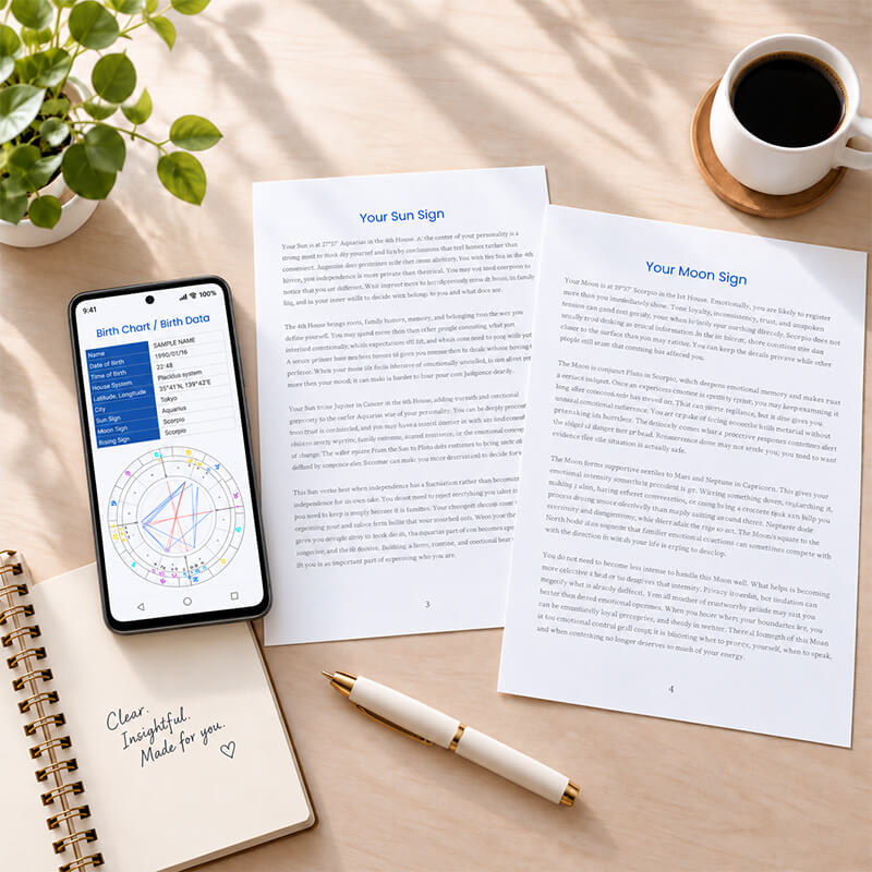 Readable personalized horoscope report on mobile and paper